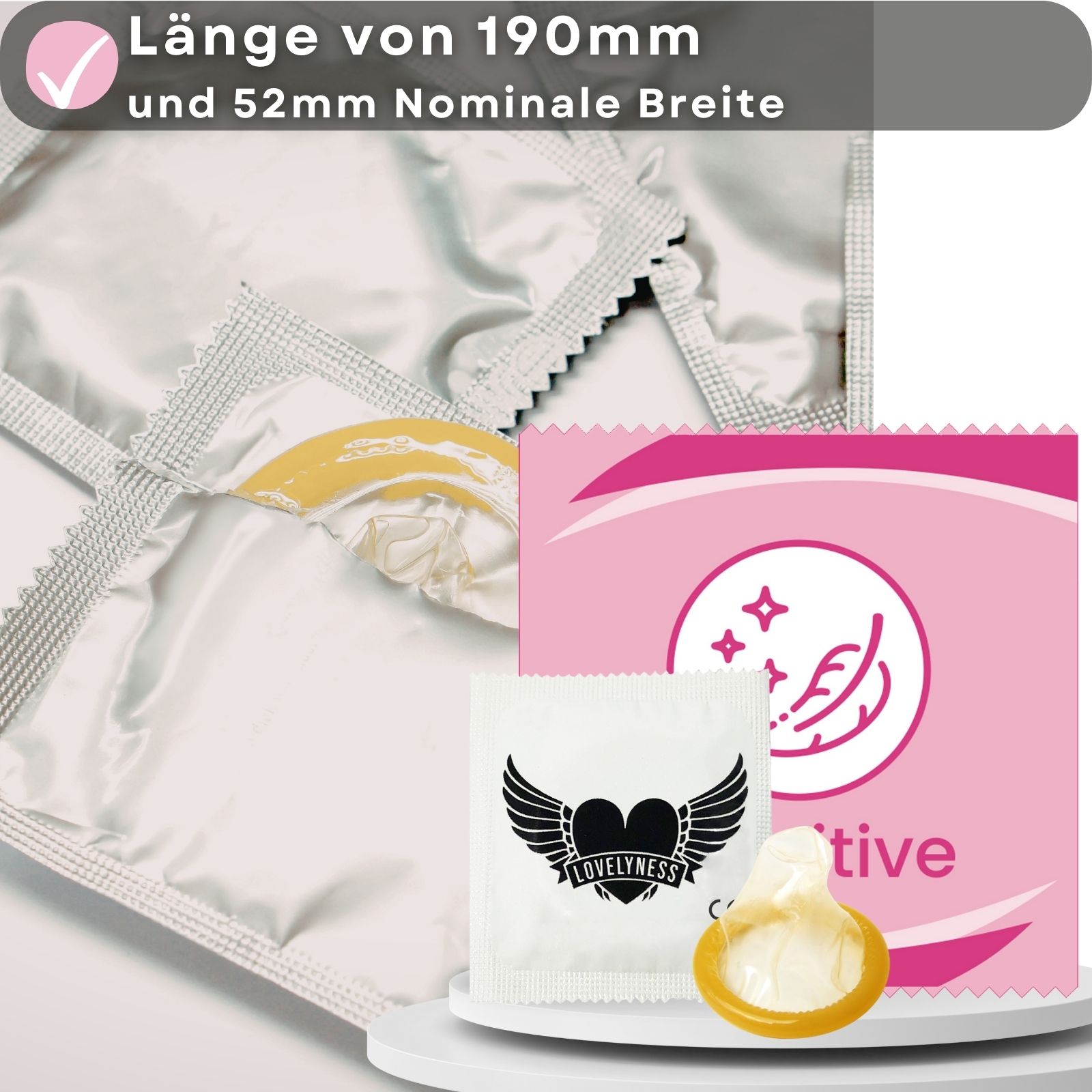 Kondom und Verpackung. Länge 190mm, 52mm nominale Breite. Mit Logo und Produktnamen.