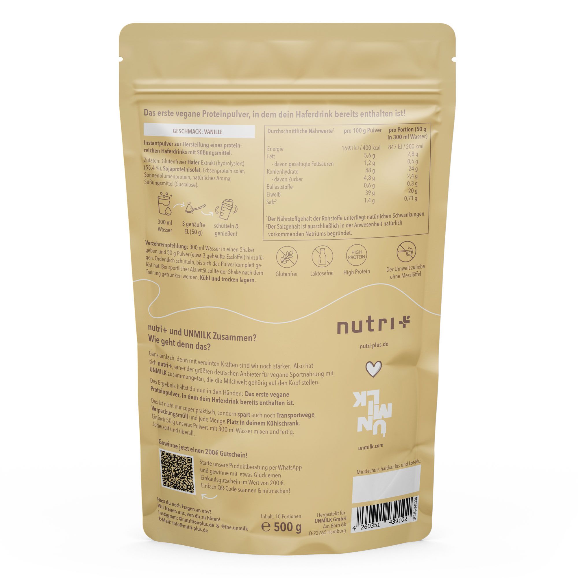 Rückseite des Beutels. Text: Nährwertangaben, Zubereitungshinweise, "Unmilk" Logo. Vegan-Siegel. Gewicht: 500 g. Barcode.