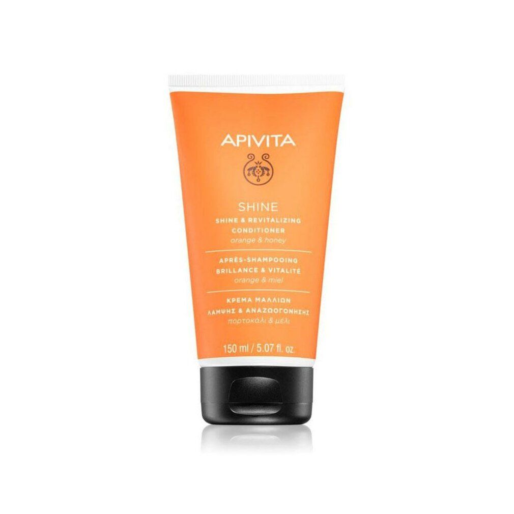 Orange Tube mit schwarzem Deckel. Aufschrift: APIVITA SHINE Conditioner. Text in mehreren Sprachen. 150 ml.