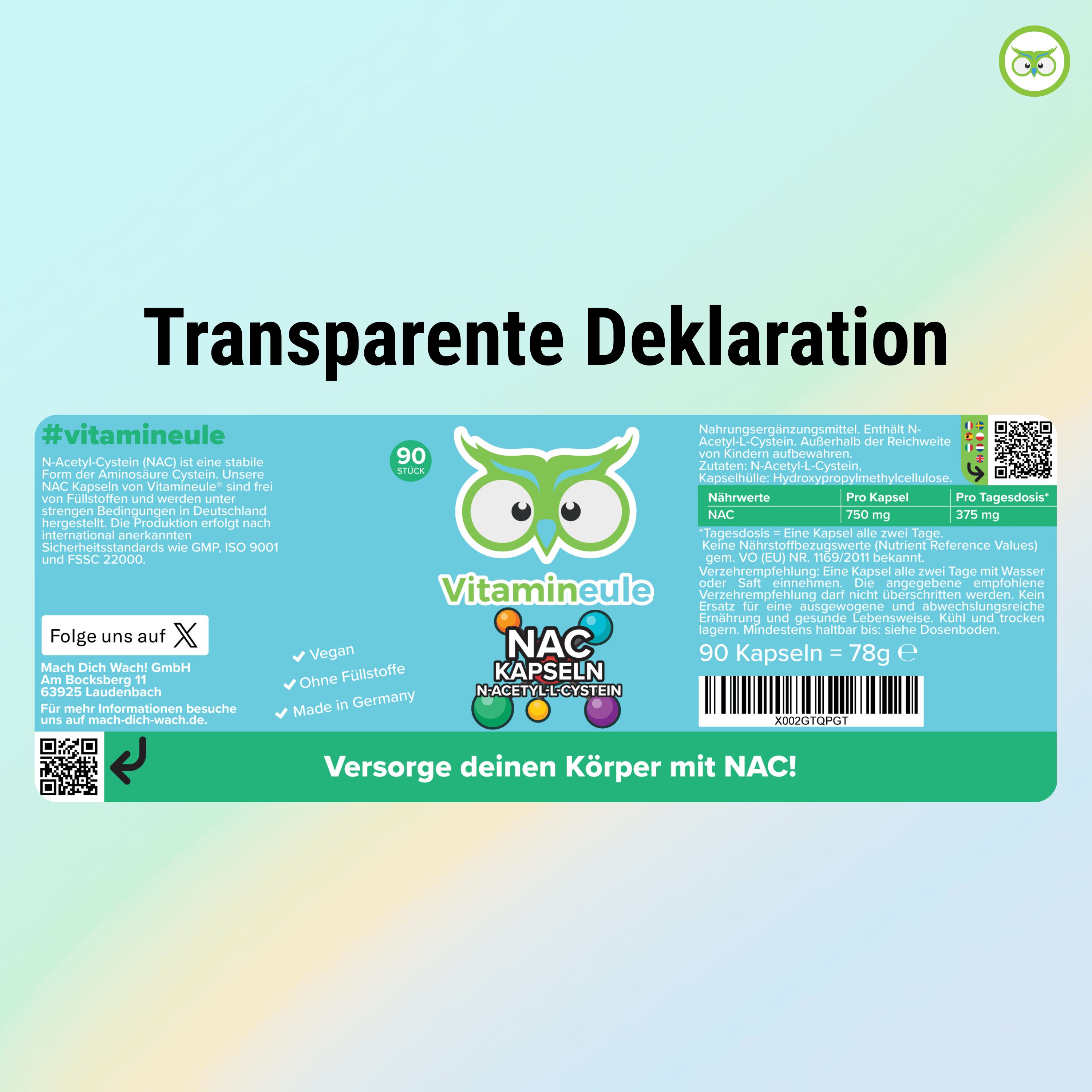 Produktetikett mit Text: Vitamineule, NAC Kapseln, 90 Kapseln, N-Acetyl-Cystein. Enthält Informationen zur Dosierung und Inhaltsstoffen.