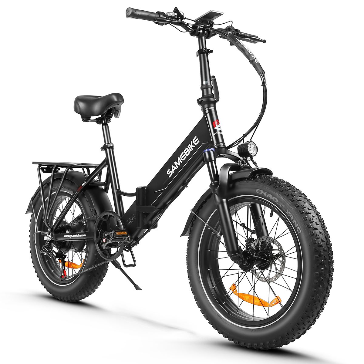 Faltbares E-Bike SAMEBIKE LOTDM200-II, schwarz. Breitreifen, Gepäckträger, Scheinwerfer, Sattel. Akku-Gehäuse mit Logo.