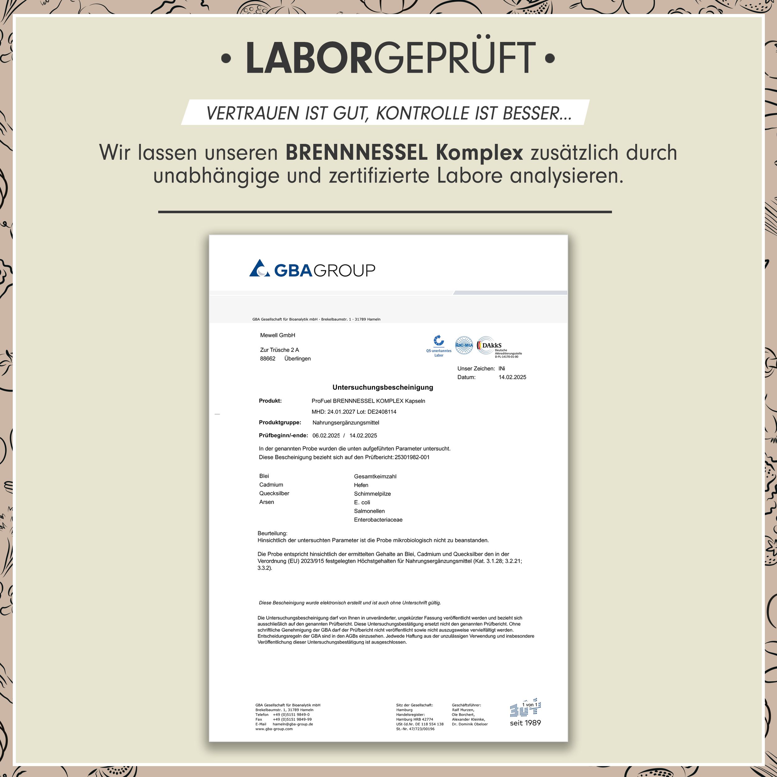 Zertifizierungsbericht von GBA Group für Brennnessel Komplex Kapseln. Enthält Informationen zu Produkt, Chargennummer, Analyseergebnissen und Unterschriften.