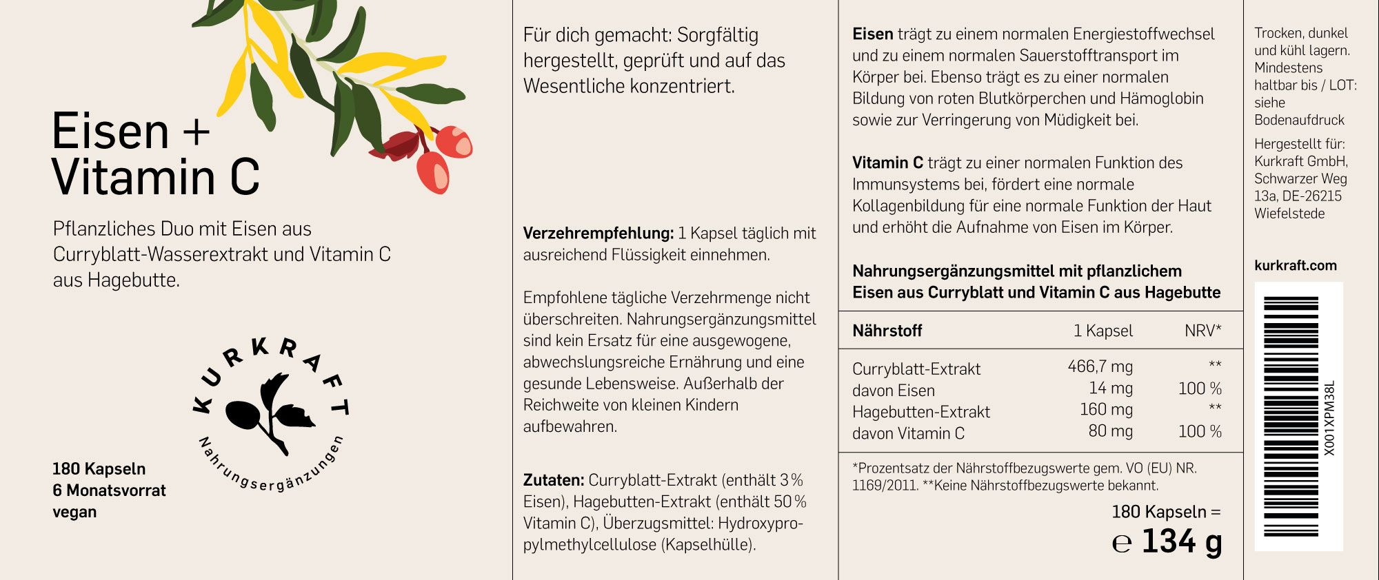 Etikett einer Flasche. Text: Eisen + Vitamin C. 180 Kapseln. Inhaltsstoffe und Nährwertangaben.