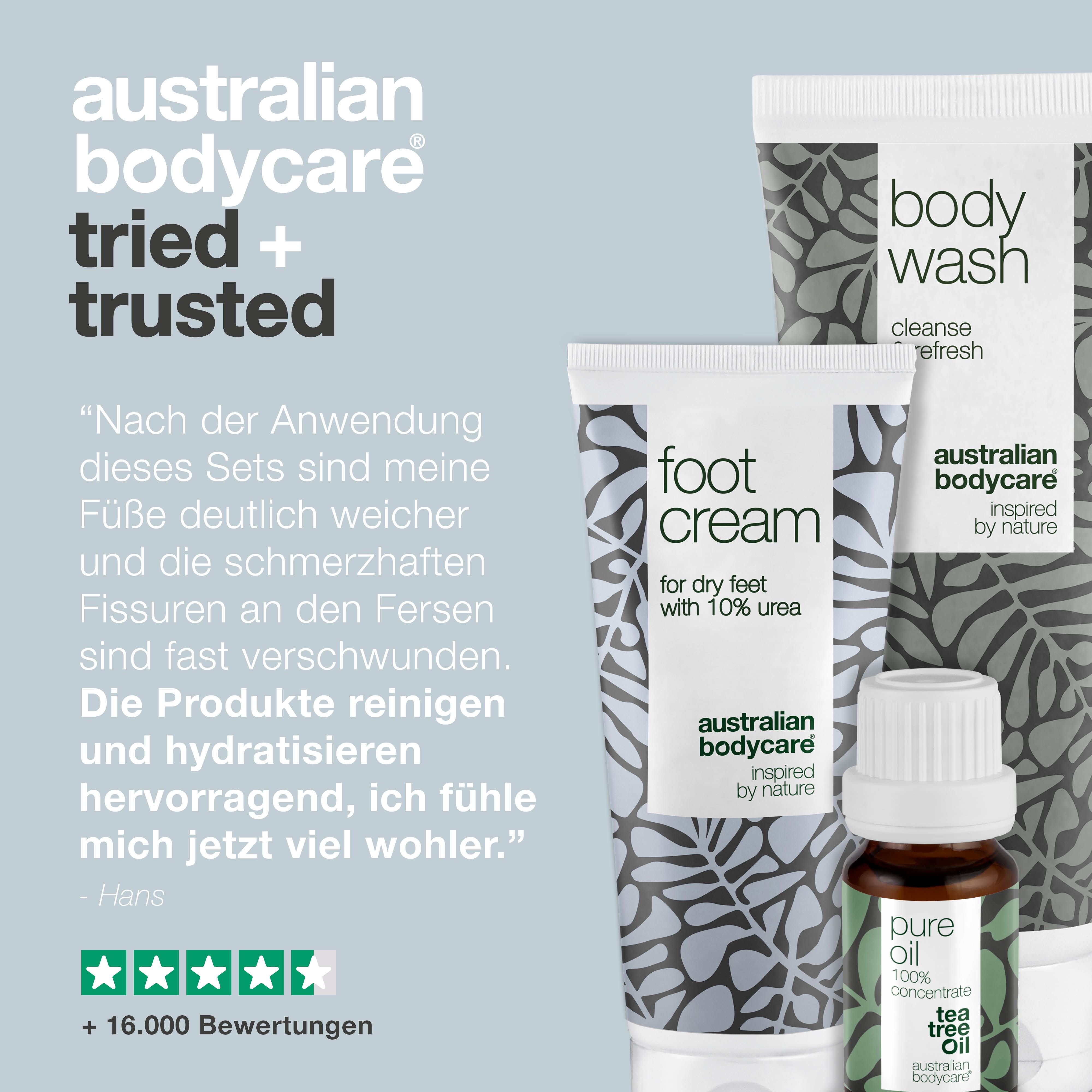 Drei Produkte: Body Wash, Fußcreme, Teebaumöl. Zitat: 'Meine Füße sind deutlich weicher'. Sterne-Bewertung.