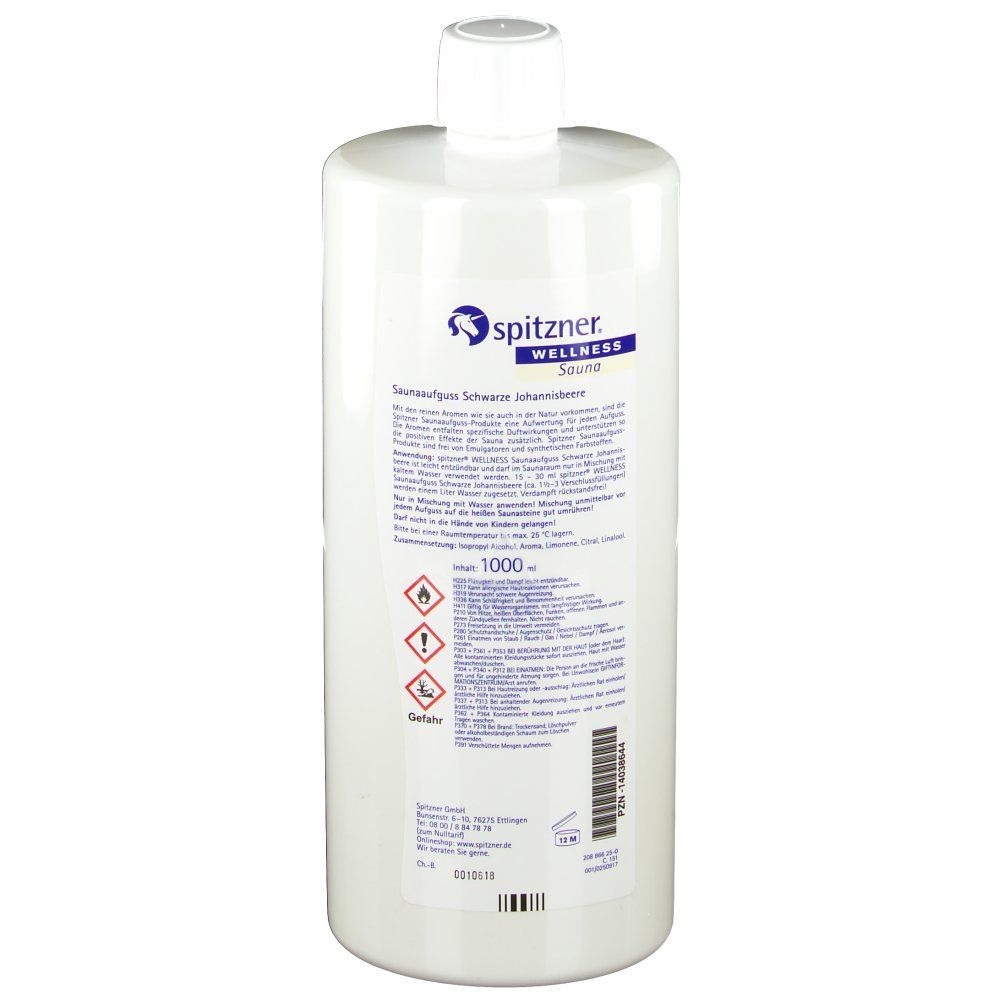 Weiße Flasche mit Etikett. Auf dem Etikett steht "Spitzner Wellness Saunaaufguss Schwarze Johannisbeere".