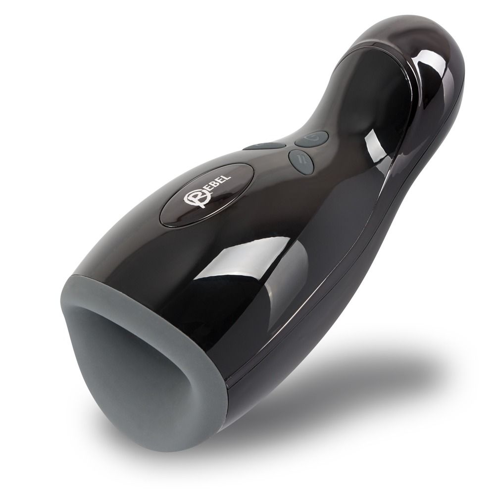 Schwarzes Gerät mit grauer Öffnung. Glänzende Oberfläche. Zwei Knöpfe. Marke Rebel.