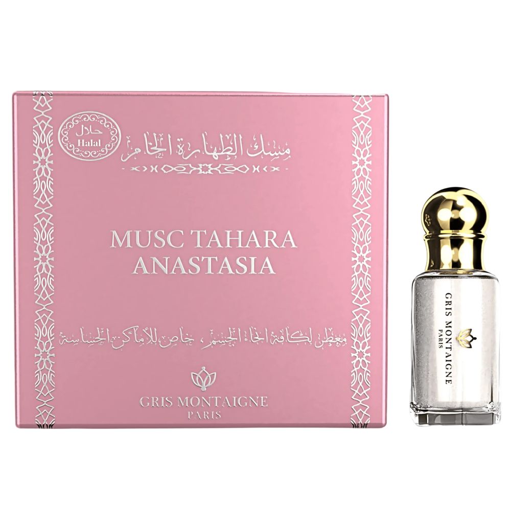 Rosa Verpackung mit Text und Flakon. Flakon mit goldfarbenem Verschluss, Text: Gris Montaigne Paris.