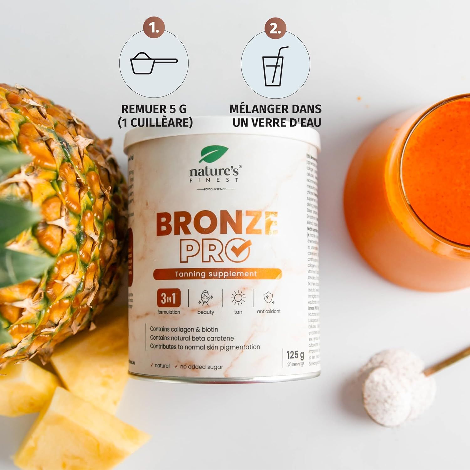 Instructions de préparation. Boîte "Bronze PRO", ananas, verre avec boisson, cuillère. 1. 5g dans l'eau. 2. Mélanger.
