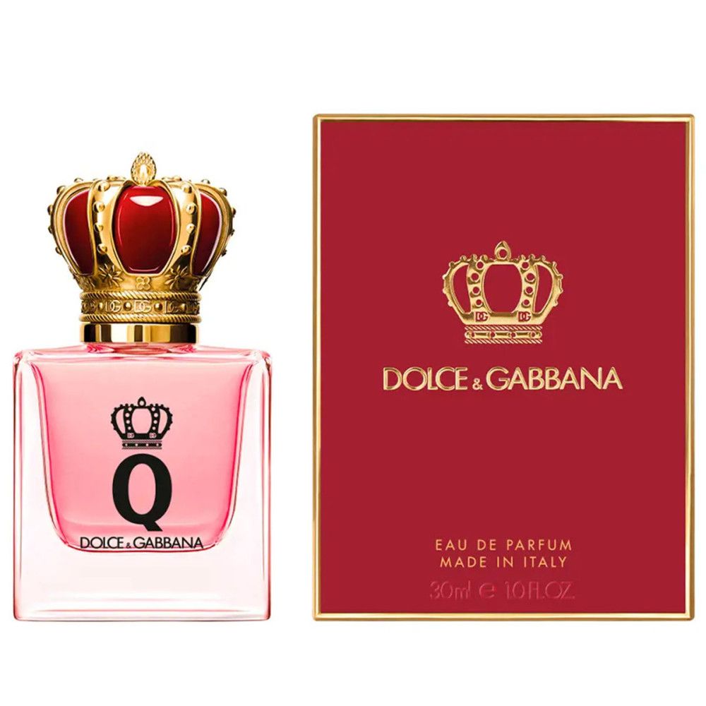 Q by Dolce & Gabbana Eau de Parfum. Rosa Flakon mit goldener Krone. Roter Karton mit goldener Krone und Logo.