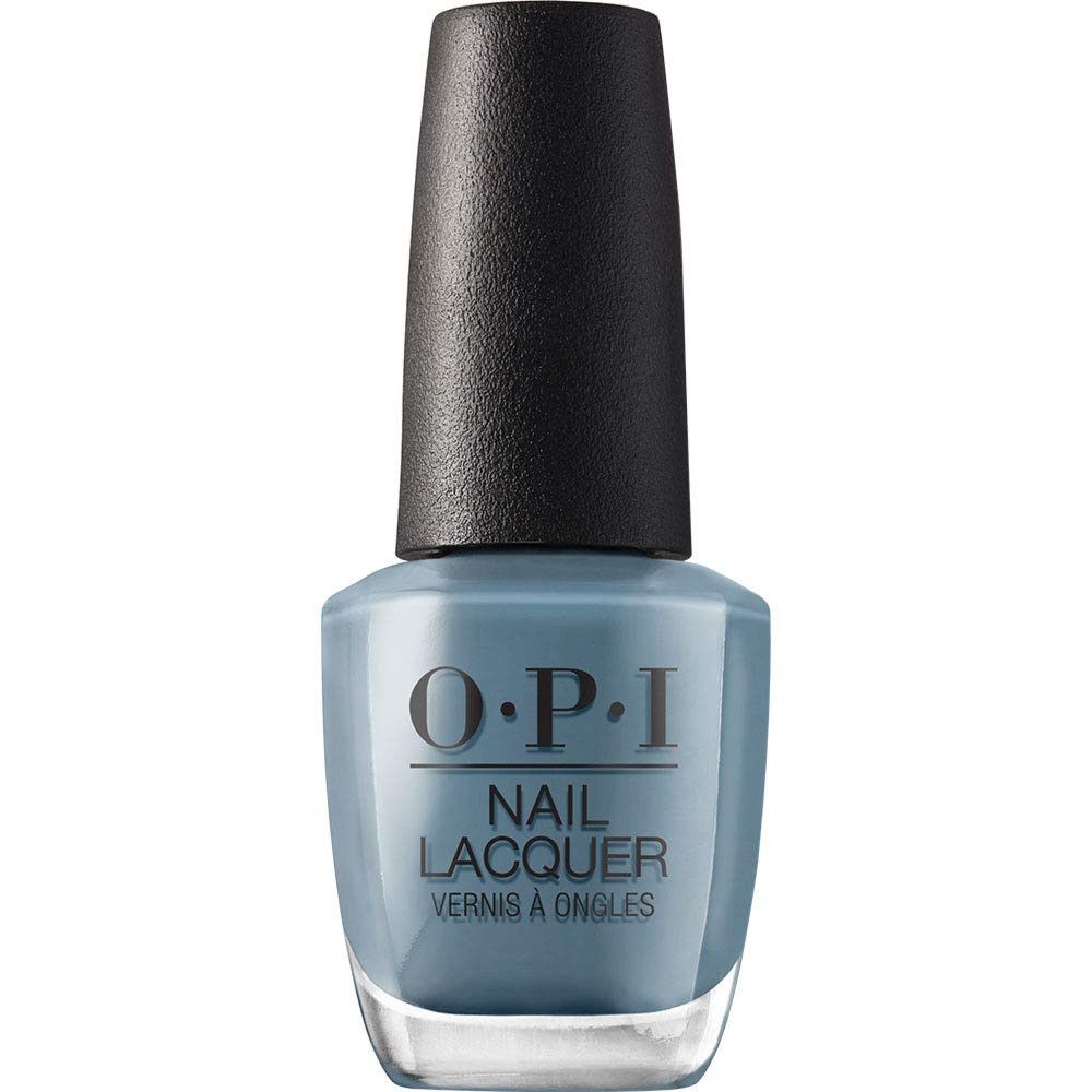 OPI Nagellack-Flasche, blau-grau. Schwarzer Deckel. Aufschrift: Nail Lacquer, Vernis à Ongles.