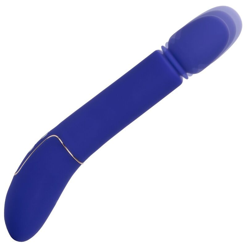 Blauer Vibrator mit abgerundetem Kopf und gebogenem Schaft. Goldfarbene Akzente.