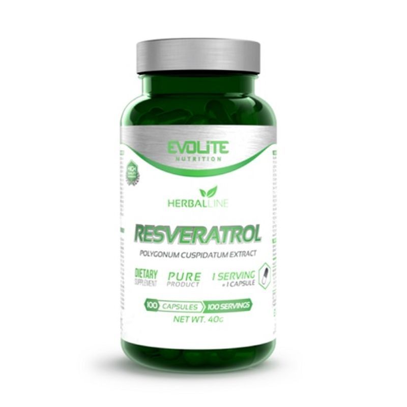 Grüne Flasche mit weißem Etikett. Aufschrift: Evolite Nutrition, Resveratrol, 100 Kapseln.