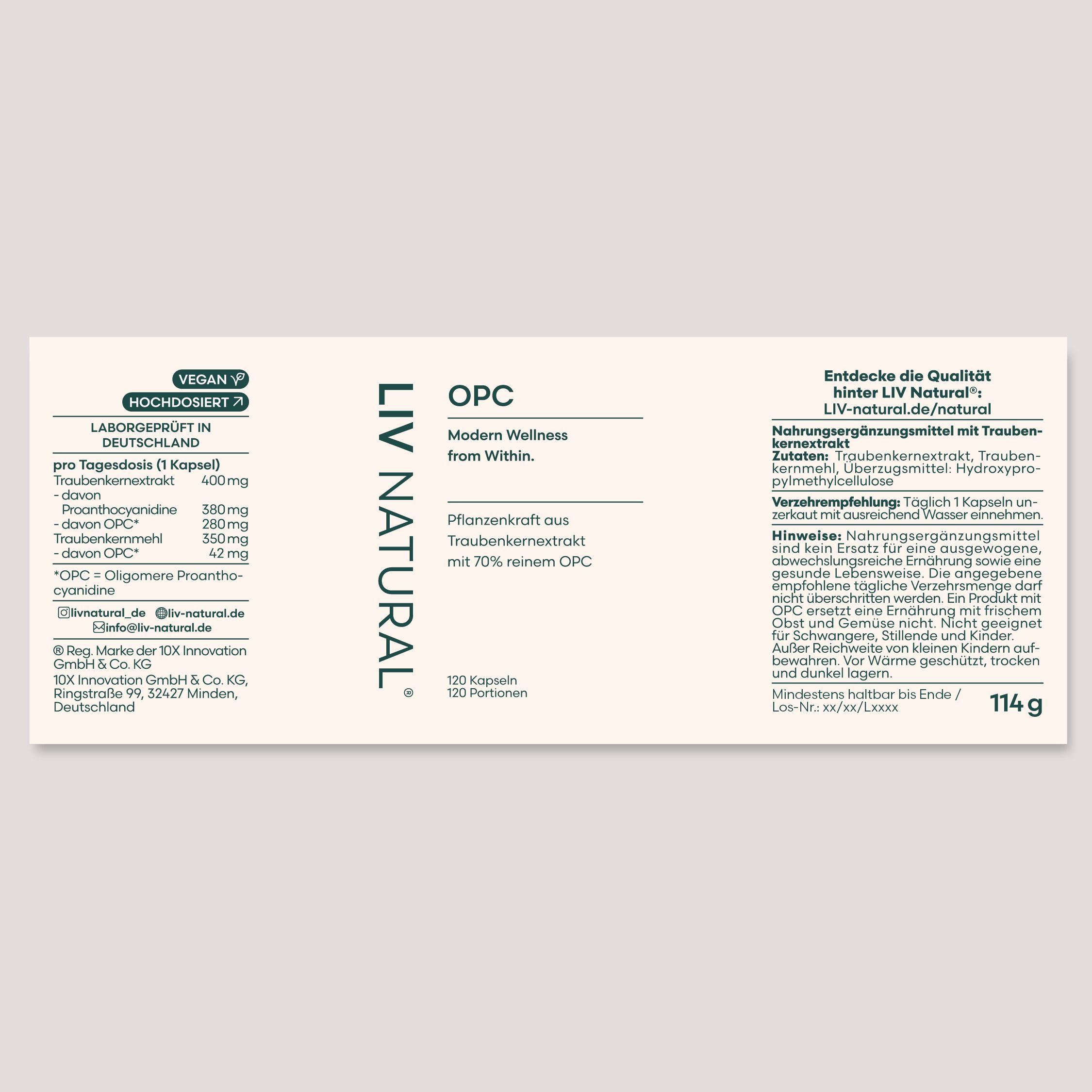 Weißes Etikett mit Text: LIV NATURAL, OPC, 120 Kapseln. Text: Hochdosiert in Deutschland. Inhaltsstoffe und Nährwertangaben. Vegan-Siegel.