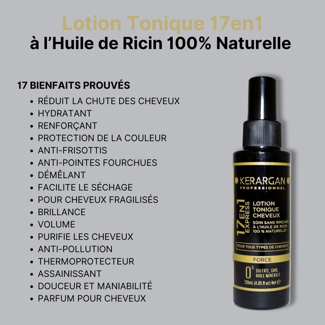 Flacon de produit avec texte. Lotion Tonique 17en1 à l'huile de Ricin 100% Naturelle. 17 bienfaits prouvés. Flacon noir.