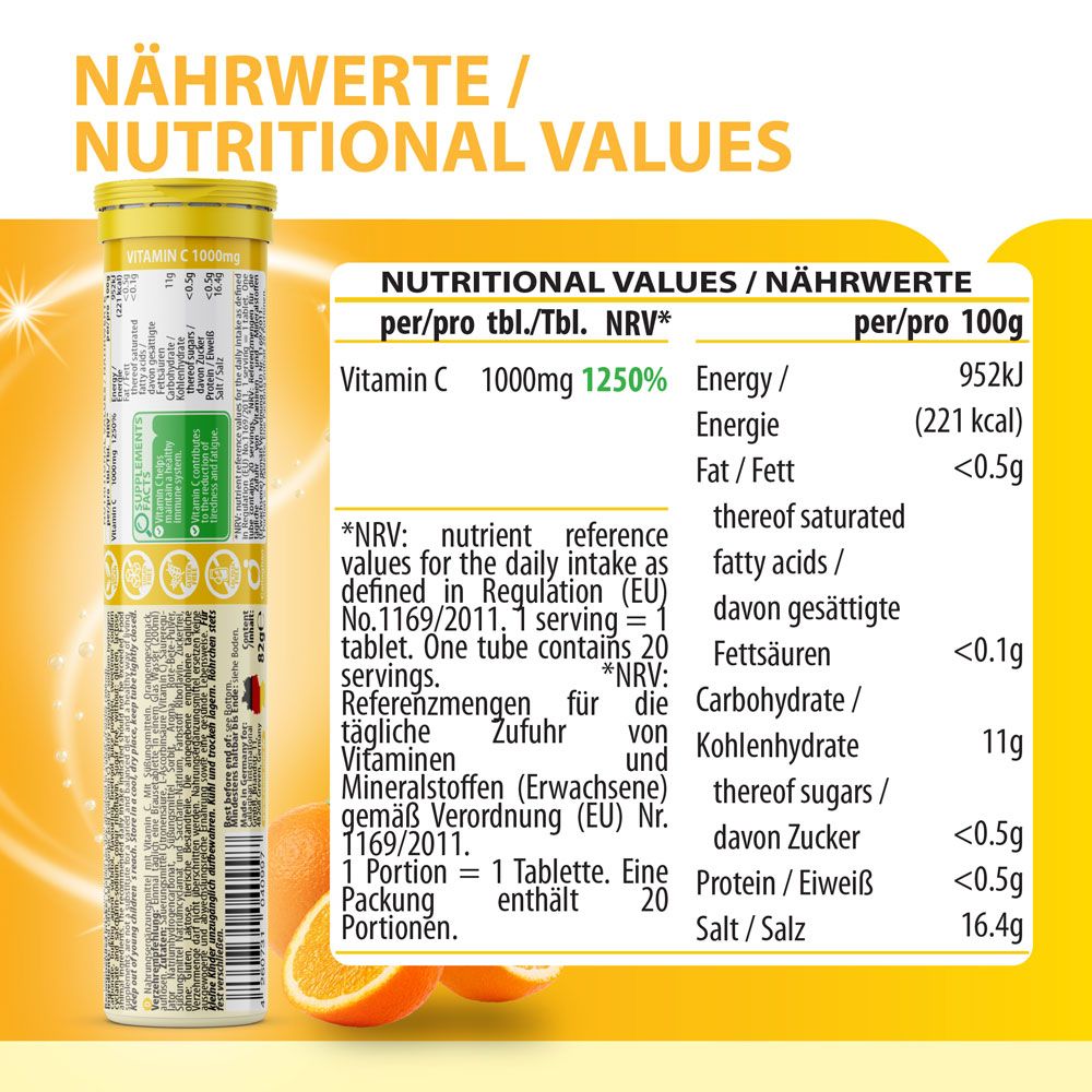 Nahaufnahme der Nährwerttabelle auf einer EVÄM Vitamin C 1000mg Tube. Orangen liegen daneben. Text in Deutsch.