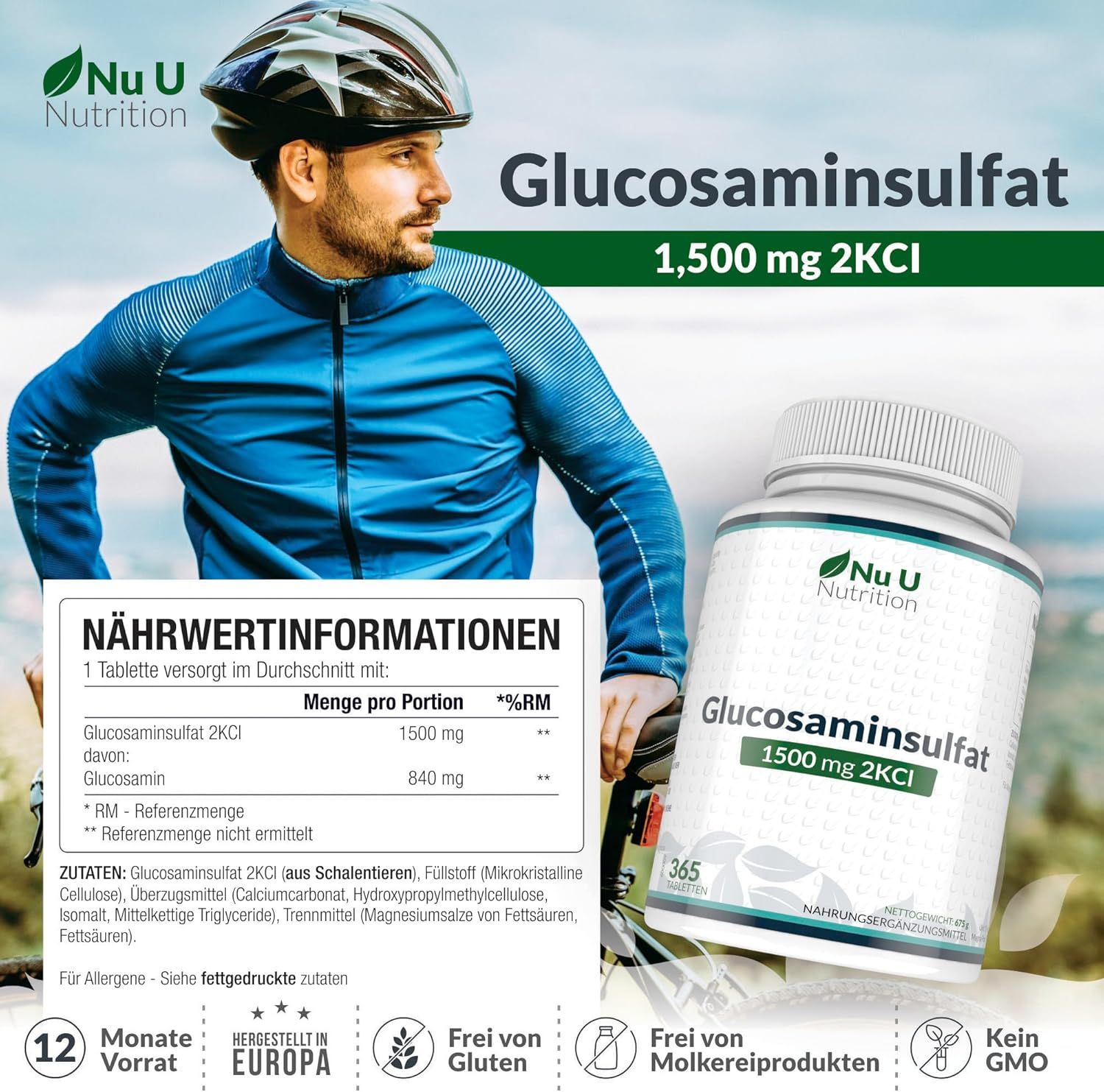 Nu U Nutrition Glucosamin Sulfat 1500mg 2KCI  Tabletten