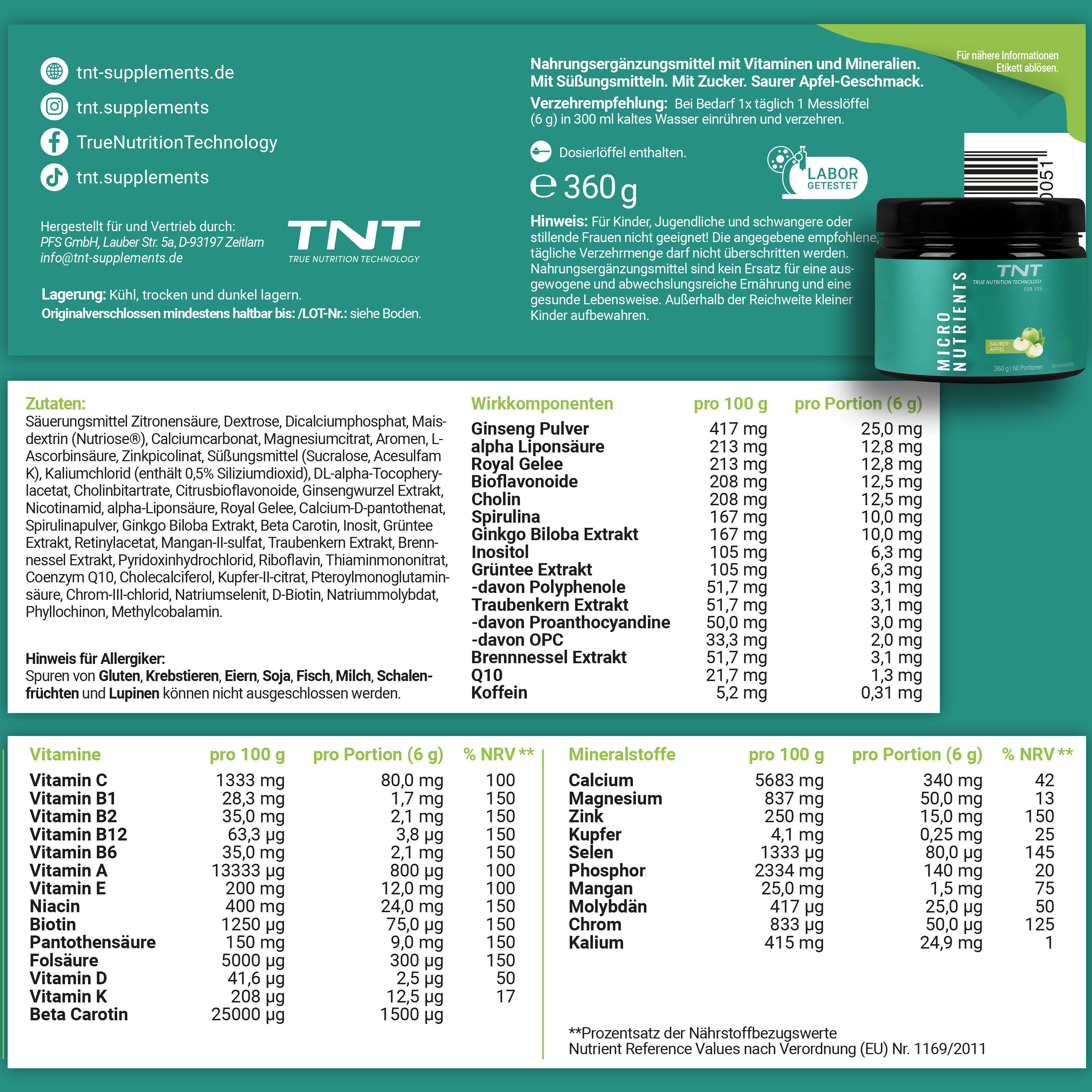 Nährwertangaben TNT Micro Nutrients. Zutaten, Wirkstoffe, Mineralstoffe, Vitamine. 360g, 60 Portionen. Labor-Siegel.