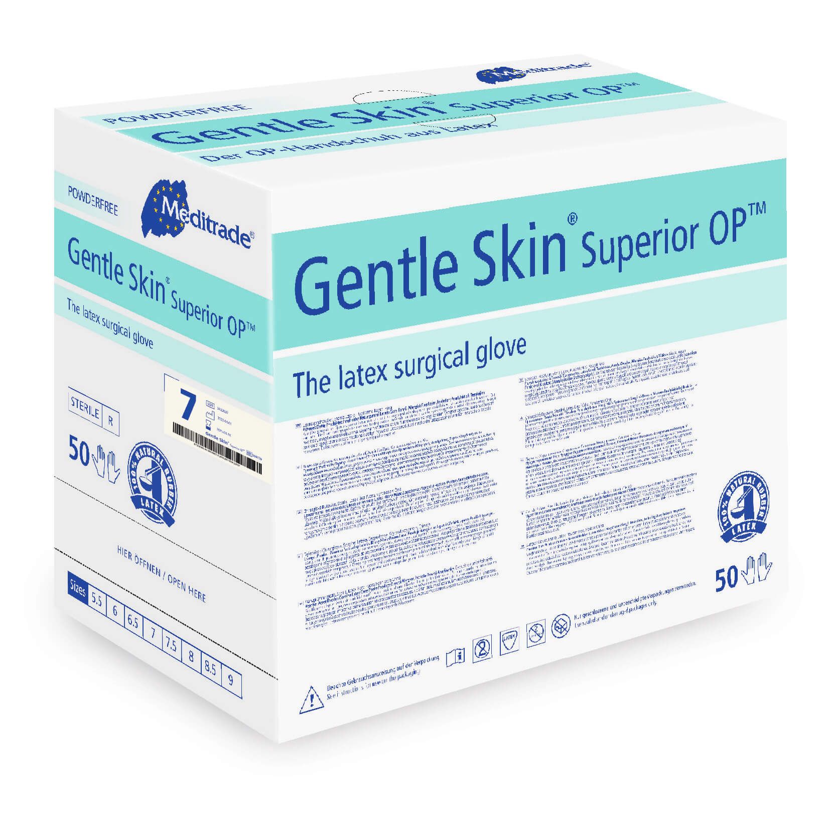 Karton mit Handschuhen. Aufschrift: Meditrade Gentle Skin Superior OP, Größe 7, 50 Stück. Latex-OP-Handschuhe.