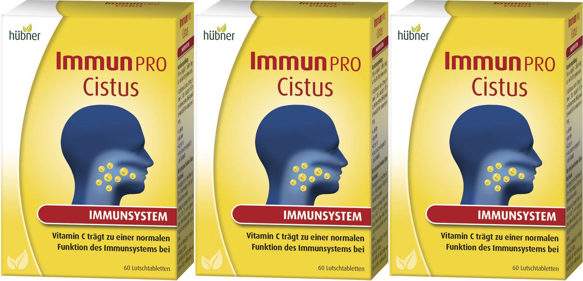 Drei Packungen mit gelbem Hintergrund. Aufschrift: Immun Pro Cistus, blaues Profil, gelbe Punkte, darunter IMMUNSYSTEM.