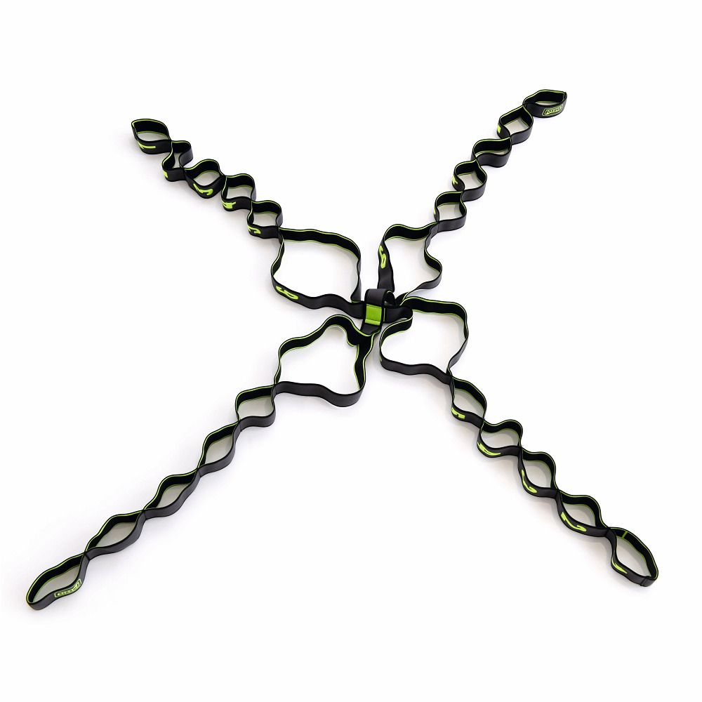 Schwarzes, achtförmiges Elastikband mit grünen Akzenten. Das Band ist sternförmig angeordnet.