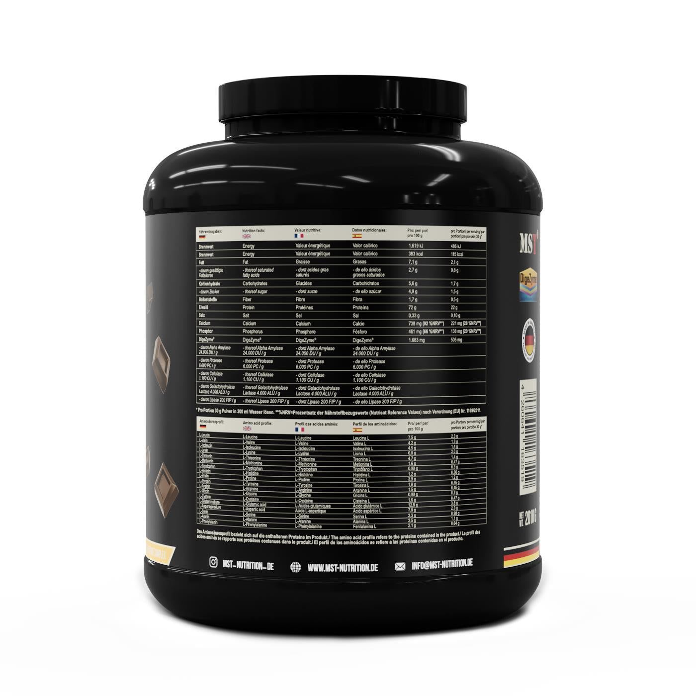 Rückseite der schwarzen Dose MST Best Whey Protein. Text in mehreren Sprachen. Mit Zertifizierungen und Inhaltsangaben.