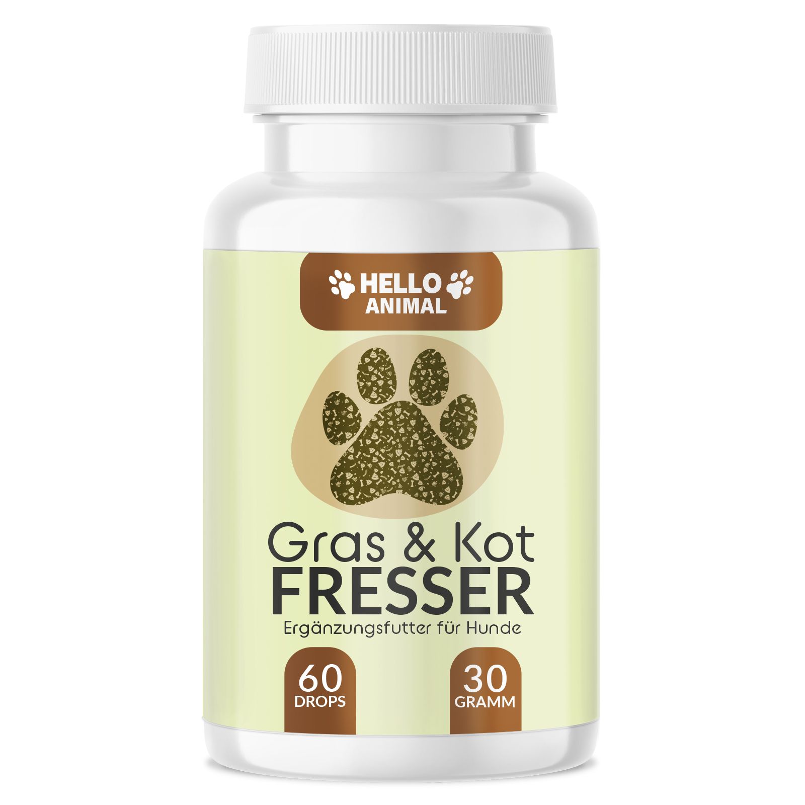 Weiße Flasche mit braunem Etikett. Aufschrift: Hello Animal, Gras & Kotfresser. 60 Drops, 30 Gramm.