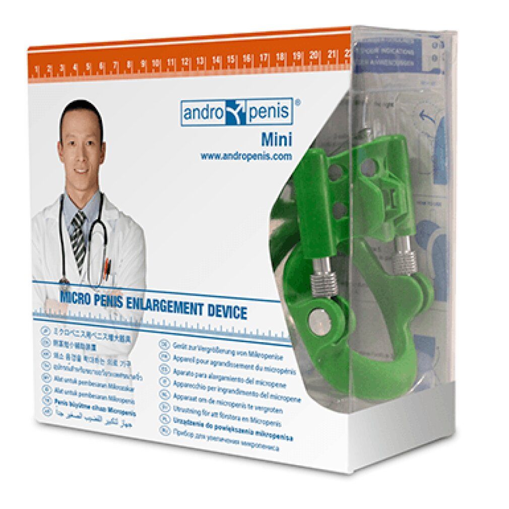 Verpackung mit Produkt. Aufschrift: andro penis Mini. Abgebildet ist ein Arzt. Transparente Verpackung.