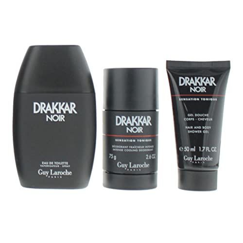 Drei schwarze Kosmetikprodukte: Eau de Toilette, Deodorant-Stick und Duschgel. Aufschrift: Drakkar Noir.