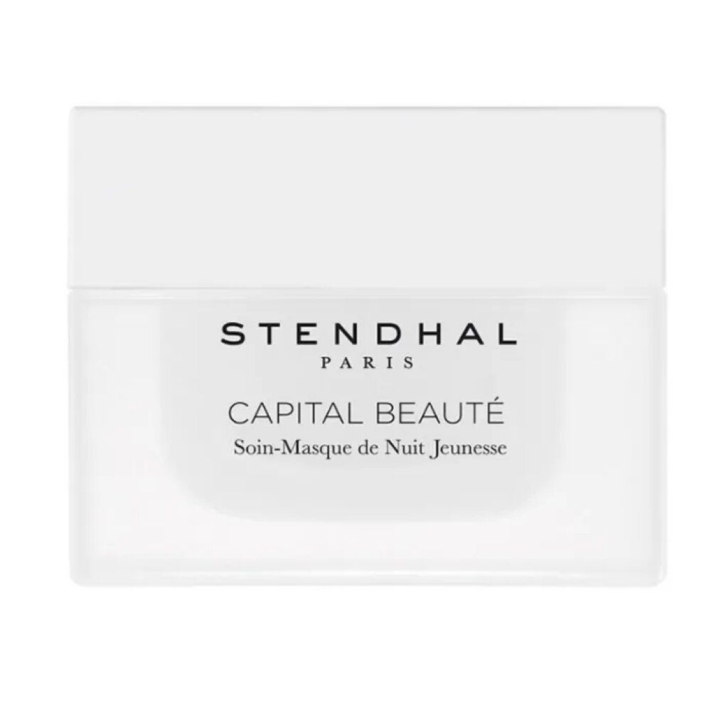 Weißer Tiegel mit Deckel. Aufschrift: STENDHAL PARIS, CAPITAL BEAUTÉ, Soin-Masque de Nuit Jeunesse.