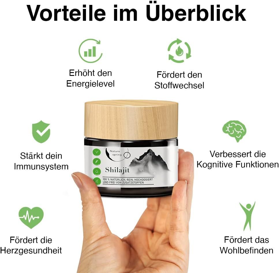 Glas mit Shilajit, Holzdeckel. Hand hält das Glas. Grafiken zeigen Vorteile: Energielevel, Stoffwechsel, Immunsystem, kognitive Funktionen, Herzgesundheit, Wohlbefinden.