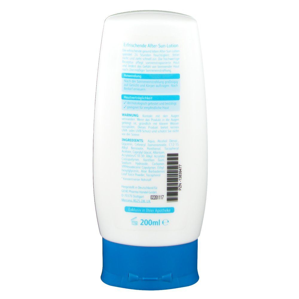 Weiße Flasche mit blauem Deckel. Text in deutscher Sprache. 200ml. Barcode.