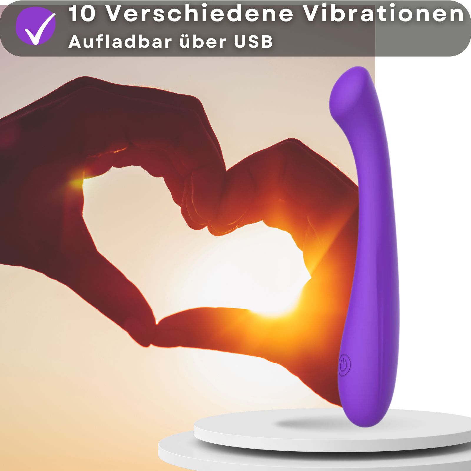 10 Vibrationen. Aufladbar via USB. Hände formen Herz. Vibrator.