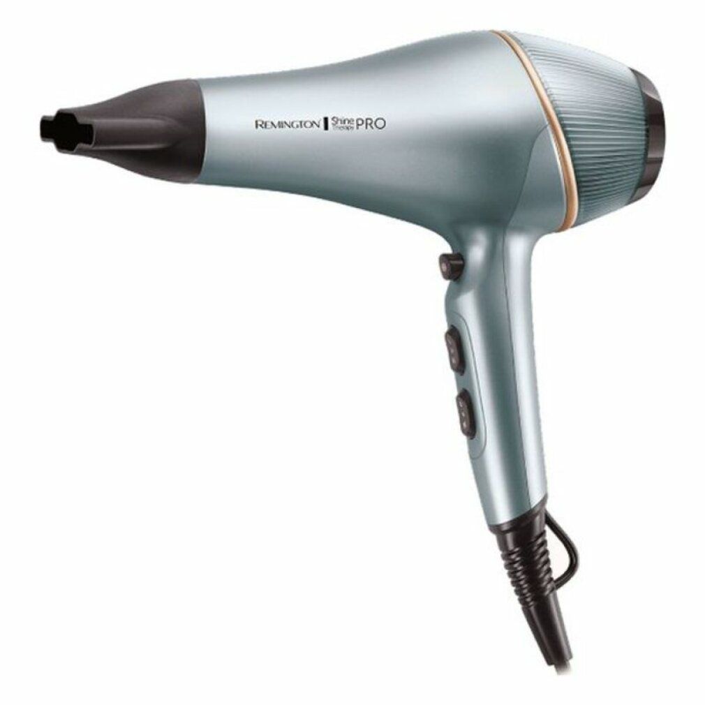 Blau-metallischer Haartrockner mit schwarzem Kabel. Marke Remington Shine Therapy PRO.