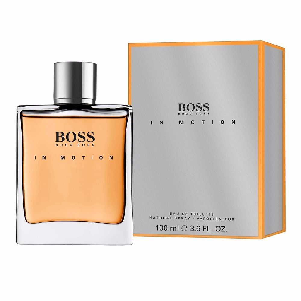 Hugo Boss Boss In Motion Eau de Toilette. Flakon und Verpackung. Silberne Kappe, orange Flüssigkeit. Graue Schachtel mit orangefarbenen Akzenten.
