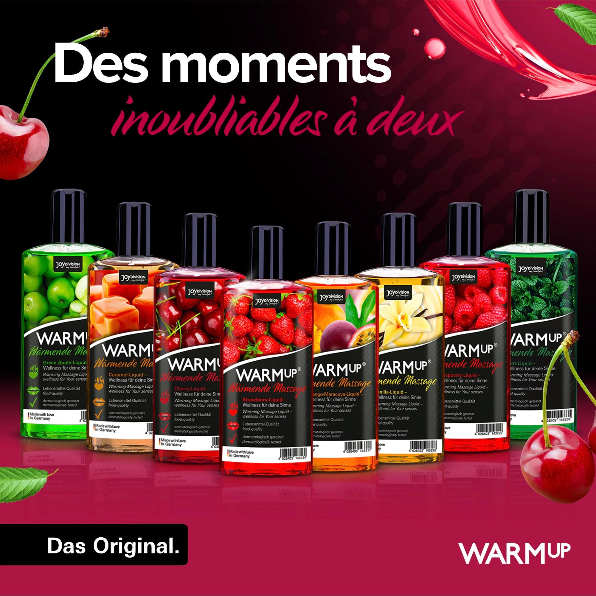 Mehrere Flaschen der WARMup-Produktreihe, darunter Kirsch-Liquid.