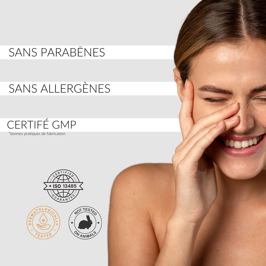 Texte : Sans parabènes, Sans allergènes, Certifié GMP. Logos : ISO 13485, Testé dermatologiquement, Non testé sur les animaux.