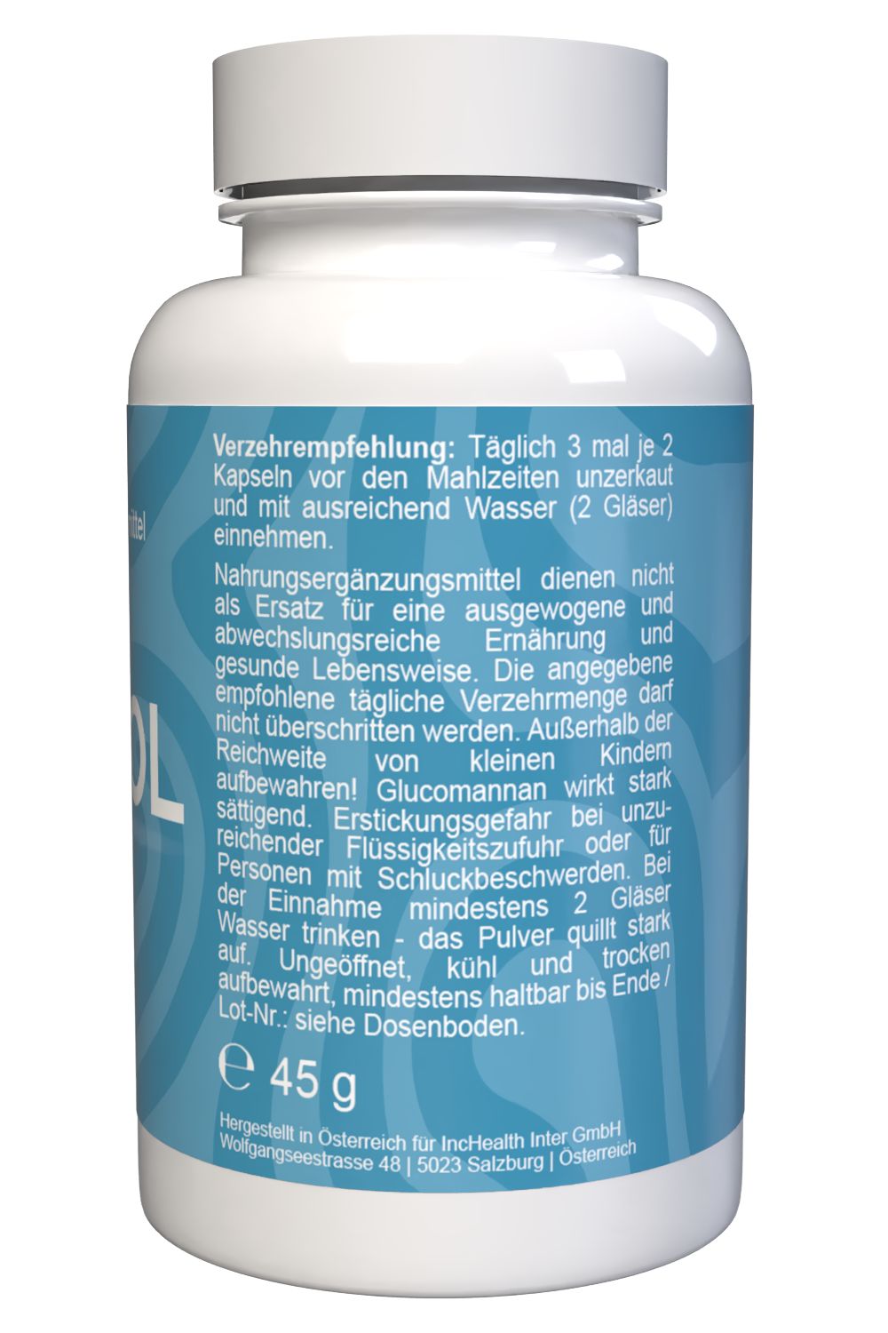 Rückseite einer weißen Kapsel-Flasche mit Etikett, Barcode und Nährwertangaben.