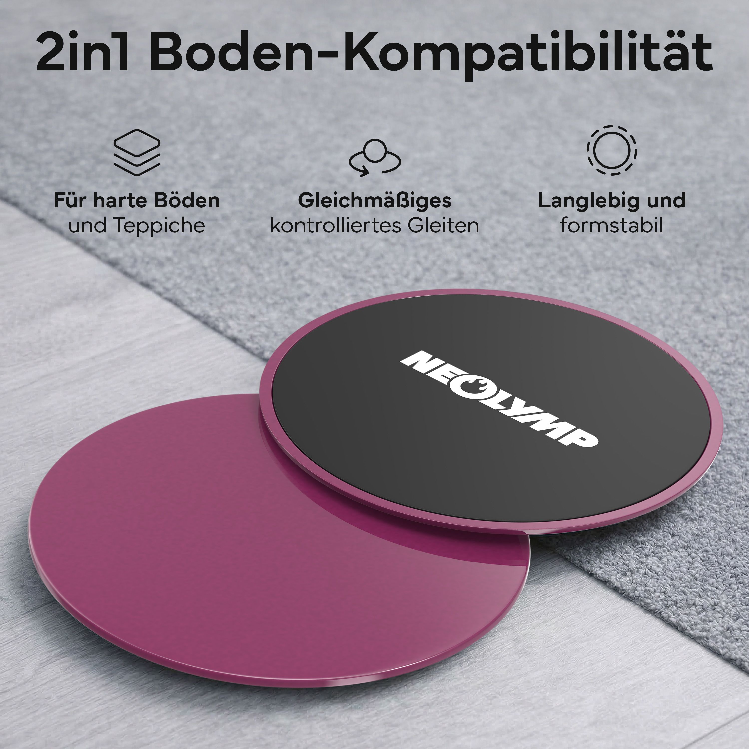 Zwei violette Pilates-Slider auf einem Teppichboden, die für harte Böden und Teppiche geeignet sind.