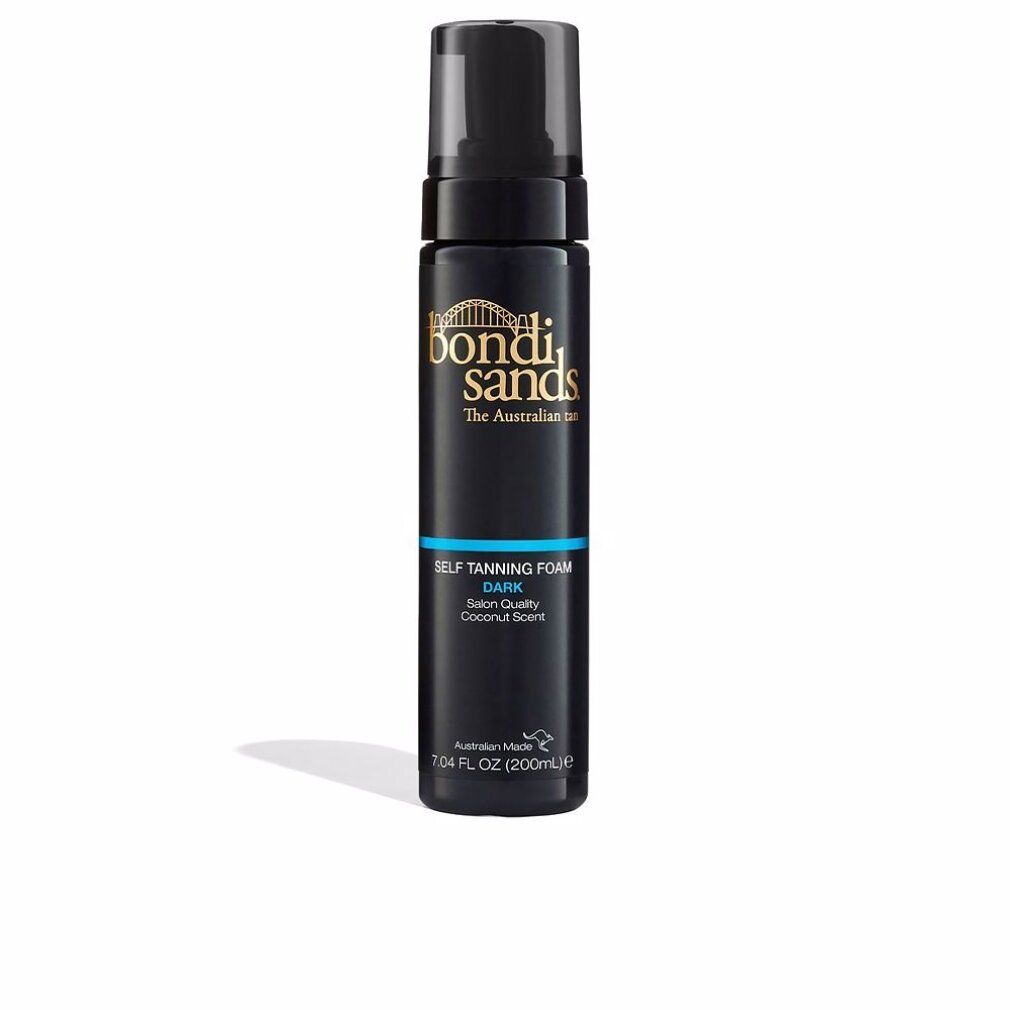 Dunkle Selbstbräunerschaumflasche. Schwarze Flasche mit goldfarbenem Logo. Blaue Schrift: DARK, Salon Quality, Coconut Scent.