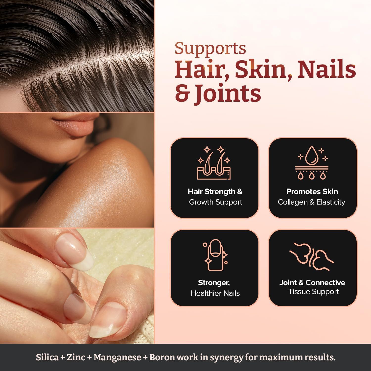 Bild zeigt Haare, Haut, Nägel und Gelenke. Text: Unterstützt Haare, Haut, Nägel & Gelenke. Mit Icons für Haarstärke, Hautelastizität, Nägel und Gelenke.