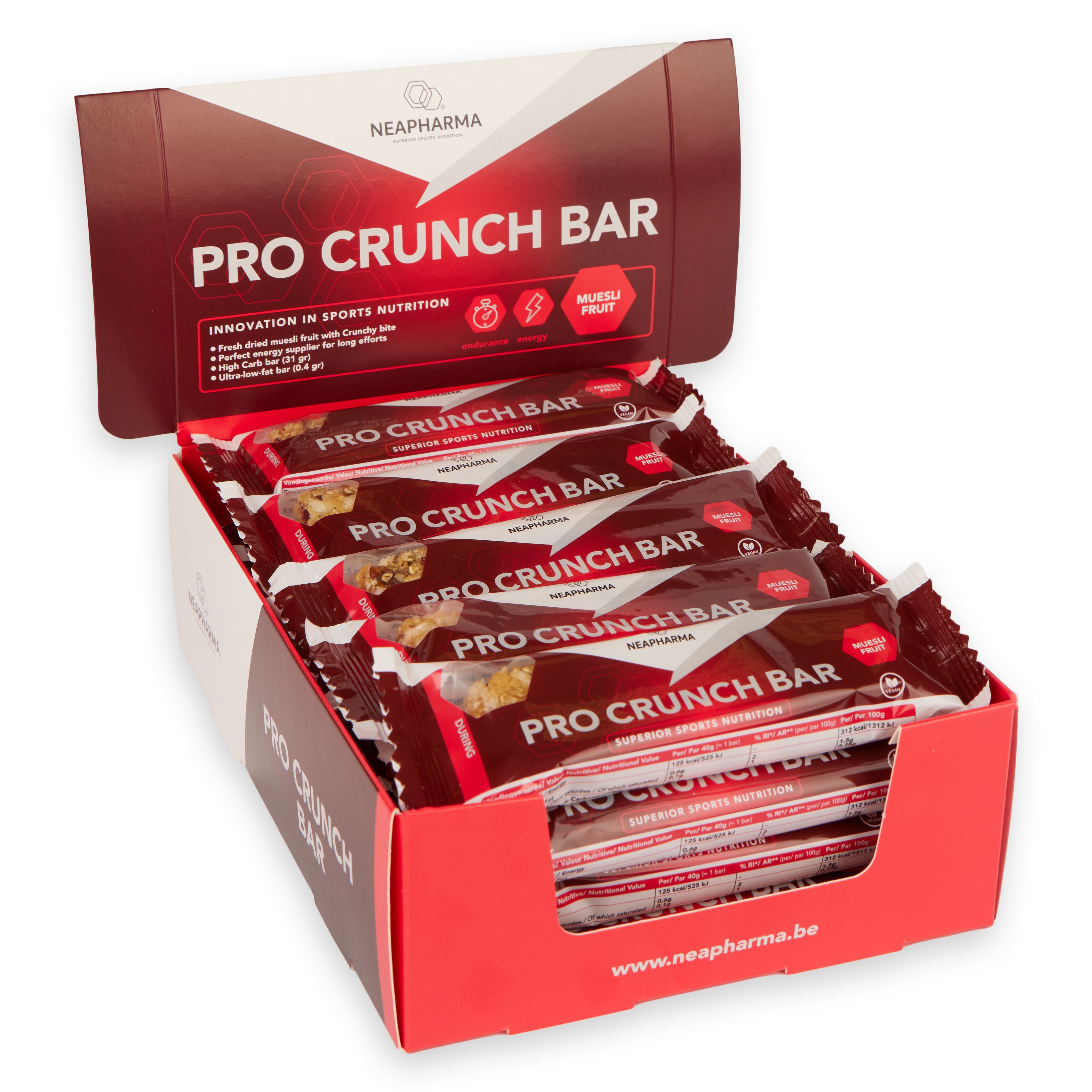 Schachtel mit mehreren Riegeln. Aufschrift: Pro Crunch Bar. Sichtbar: Müsli-Stückchen. Verpackung: Rot und Weiß.