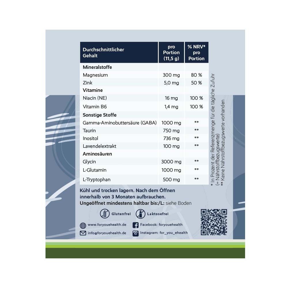 Nährwerttabelle der Dose "for you amino night". Zeigt Nährstoffgehalt pro Portion und % NRV. Enthält Informationen zu Magnesium, Zink, Vitaminen, Aminosäuren und weiteren Stoffen.