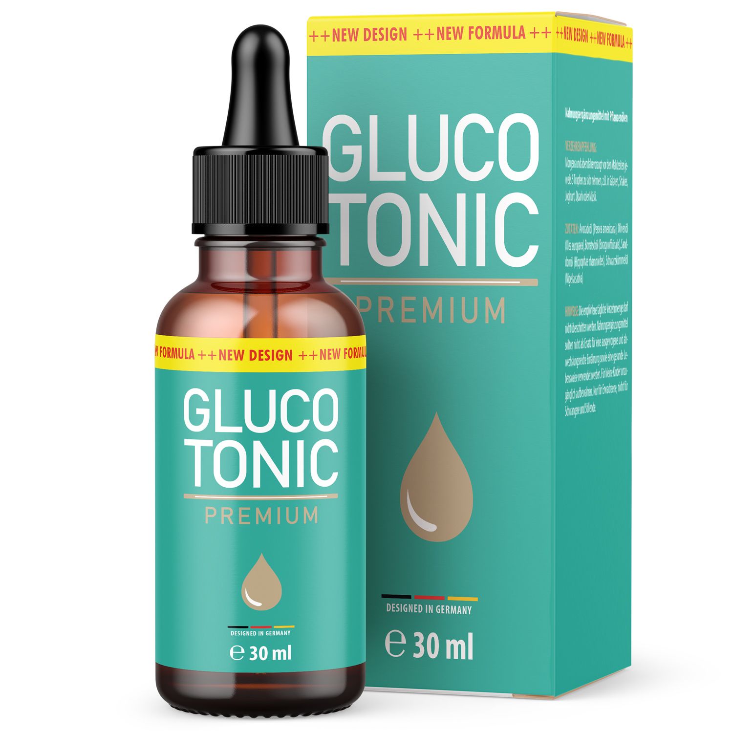Braune Glasflasche mit Tropfer und Verpackung. Aufschrift: GLUCOTONIC PREMIUM. Flasche: 30 ml. Verpackung: Türkis, gelb und weiß.