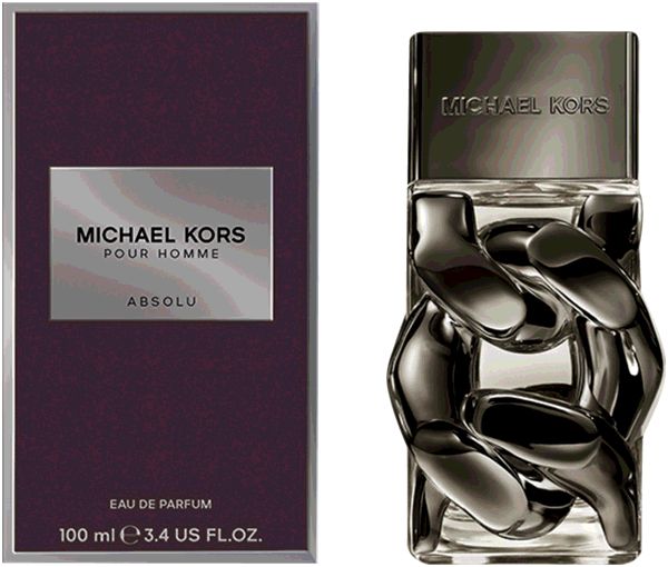 Michael Kors Pour Homme Absolu Flakon und Verpackung. Flakon mit silberfarbenem Verschluss und Kette. Verpackung mit Logo und Produktbezeichnung.