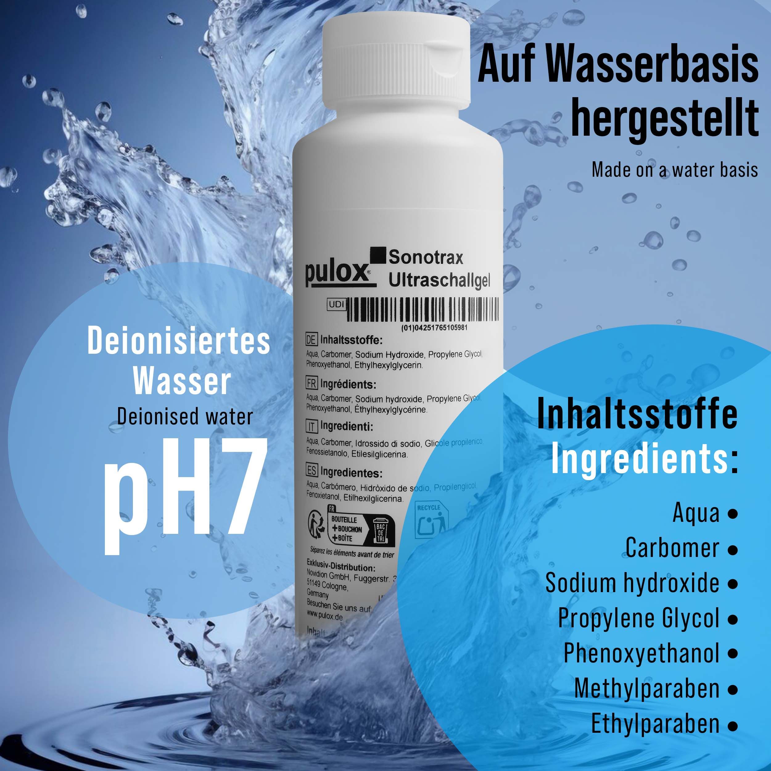 Weiße Flasche Pulox Sonotrax Ultraschallgel. Text: Auf Wasserbasis hergestellt. Inhaltsstoffe.