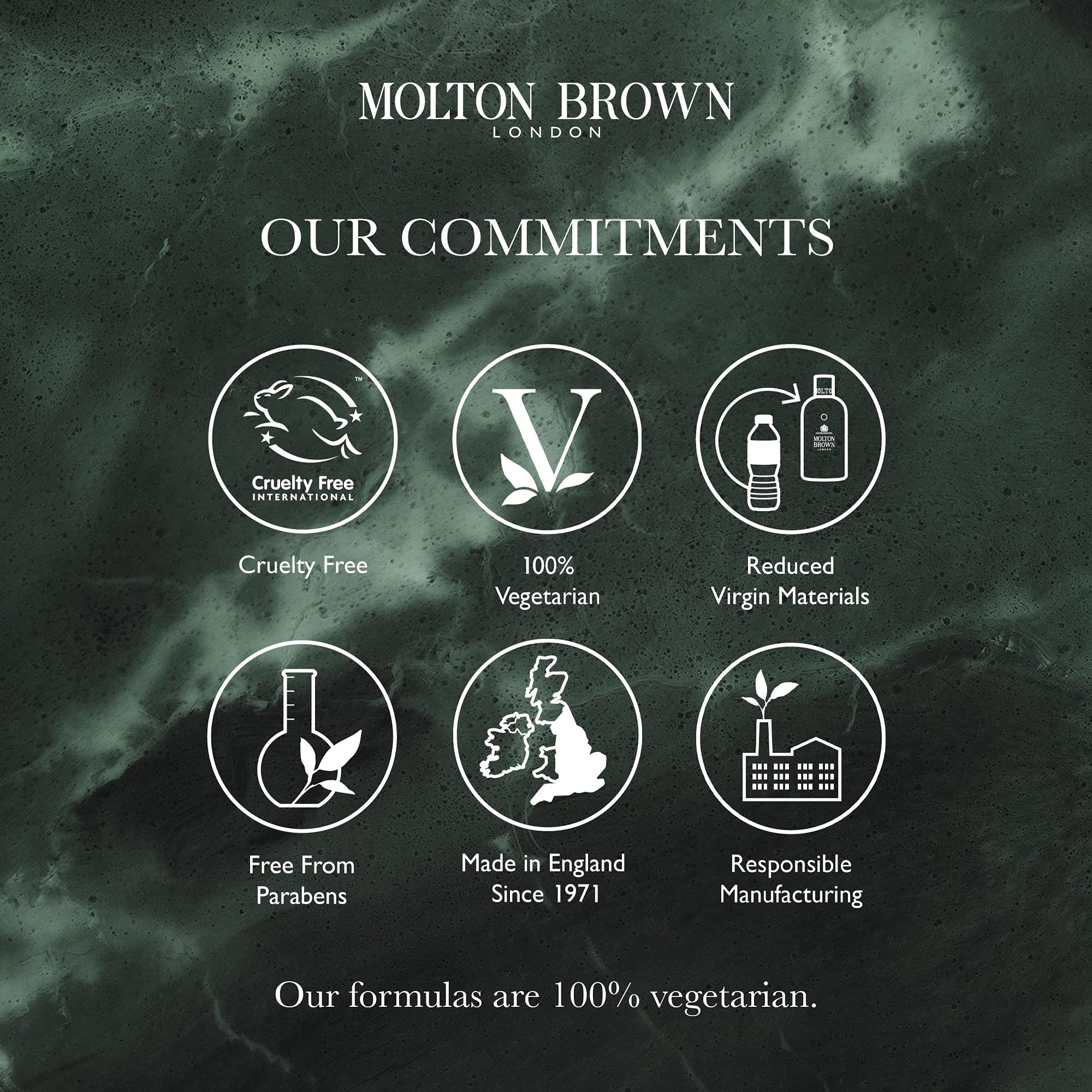 Grafik mit Logos: Cruelty Free, 100% Vegetarian, Reduced Virgin Materials, Free From Parabens, Made in England, Responsible Manufacturing.