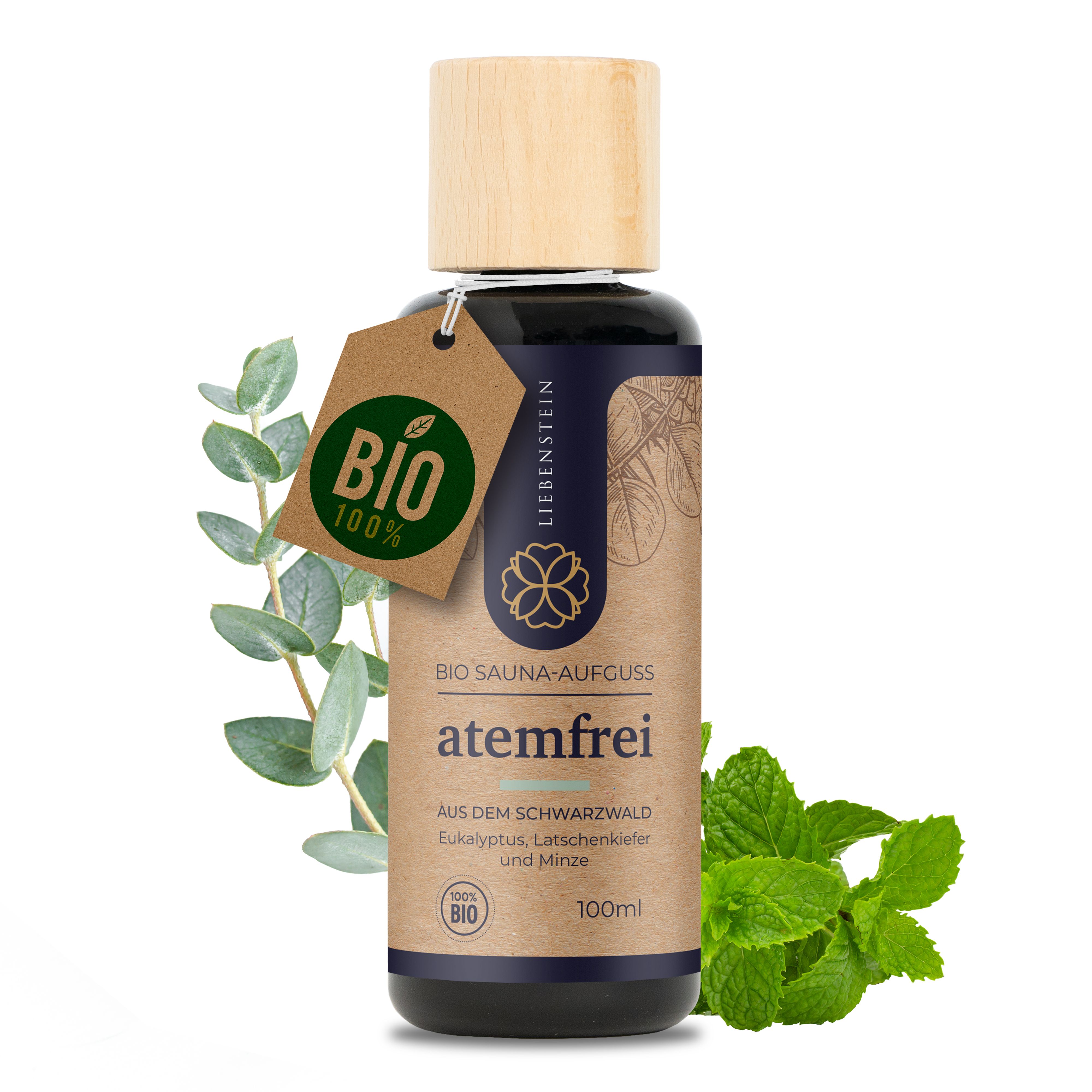 Braune Flasche mit Holzverschluss und Etikett. Auf dem Etikett steht "BIO Sauna-Aufguss atemfrei".