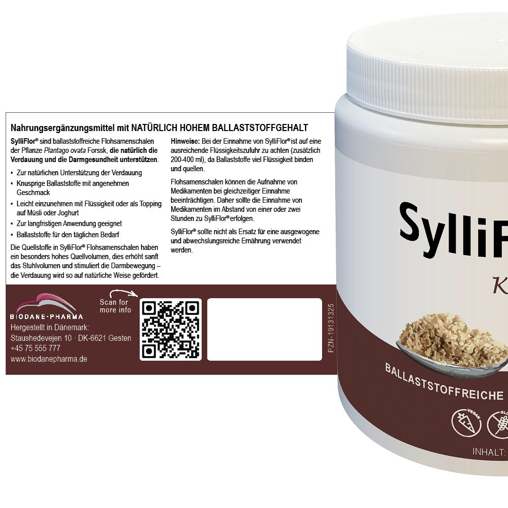 Produktbehälter mit Etikett. Text: Nahrungsergänzungsmittel mit hohem Ballaststoffgehalt. QR-Code. SylliFlor Kakao, Flohsamenschalen.