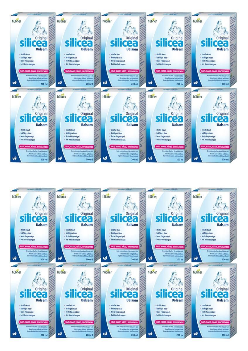 Mehrere Produktverpackungen, quadratisch, blau-weiß. Aufschrift: Original Silicea Balsam. Marke: Hübner. 20 Stück.