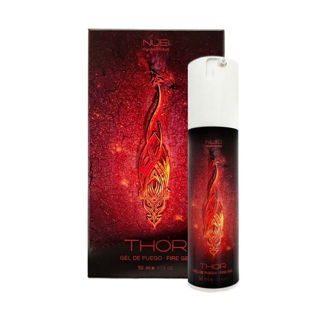 Produktverpackung und Flasche. Flasche mit weißem Deckel und rotem Etikett. Aufschrift: THOR, FIRE GEL. Verpackung mit rotem Hintergrund und Abbildung.